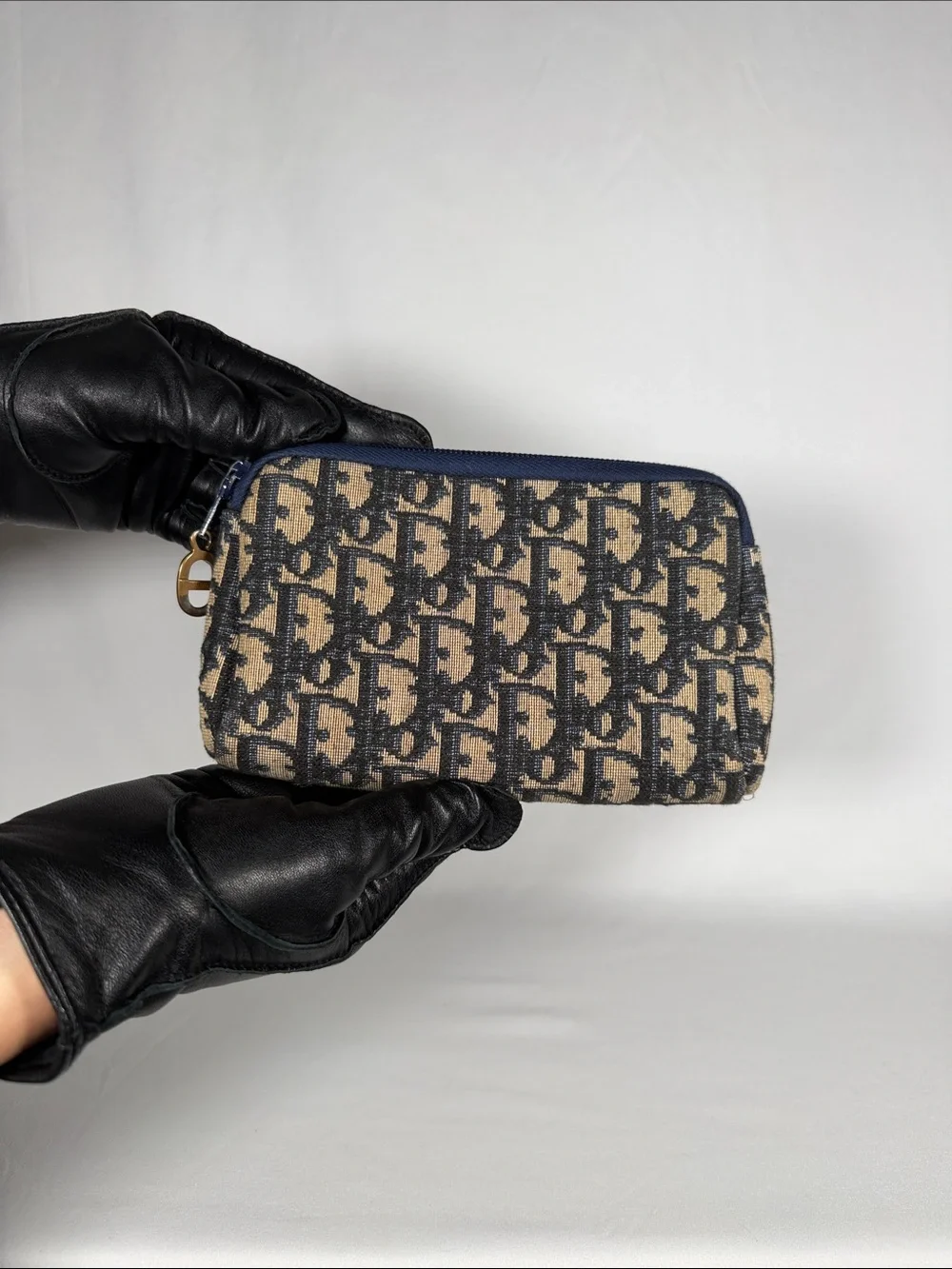 Authentic Christian Dior Vintage Oblique Trotter Navy Beige Cosmetic Pouch